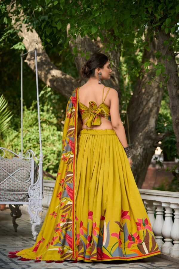 Mustard Color Floral Print With Foil Work Viscose Chanderi Lehenga Choli