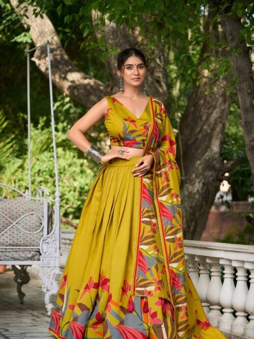 Mustard Color Floral Print With Foil Work Viscose Chanderi Lehenga Choli