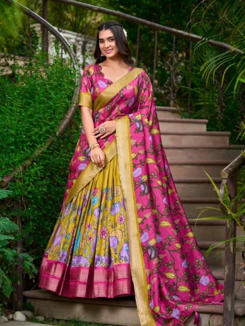 Mustard Dola Silk Lehenga Choli Set with Kalamkari Print and Zari Weaving