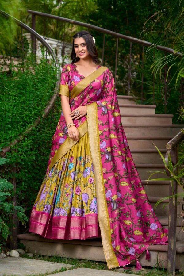 Mustard Dola Silk Lehenga Choli Set with Kalamkari Print and Zari Weaving