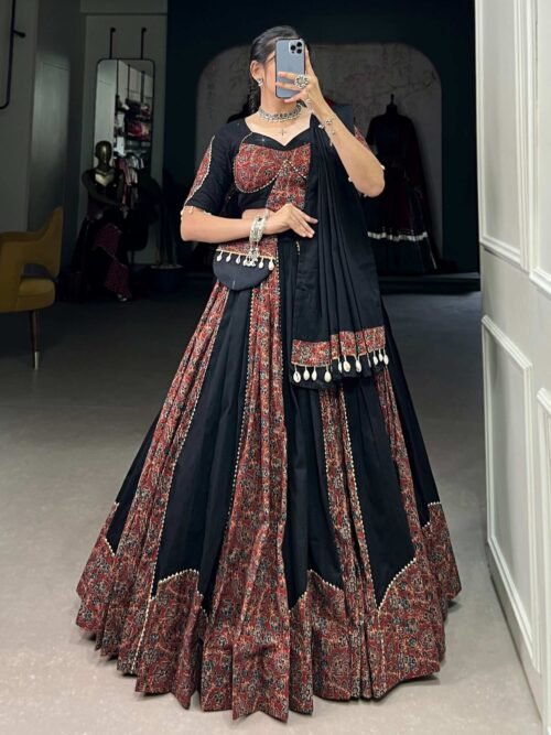 Black Cotton Chaniya Choli Set with Gota Patti and Printed Work Traditional Lehenga