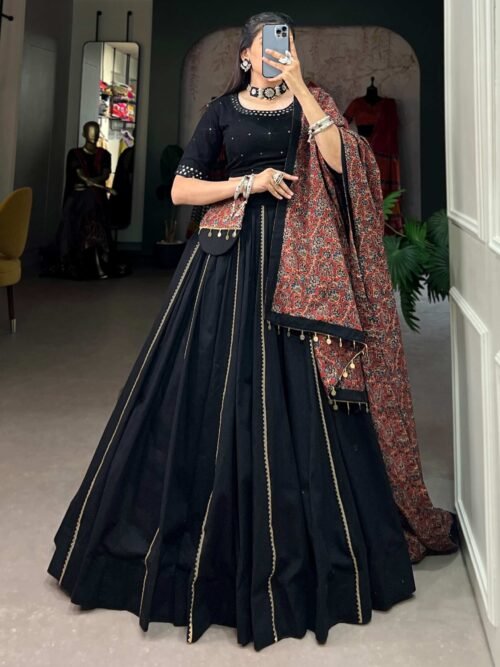 Black Cotton Traditional Lehenga Choli Set with Gota Patti Work