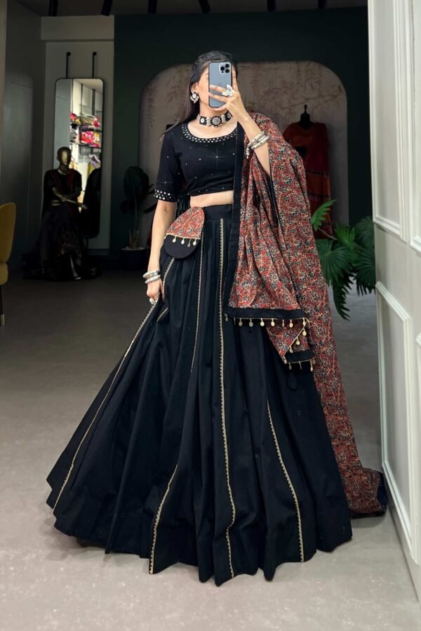 Black Cotton Traditional Lehenga Choli Set with Gota Patti Work