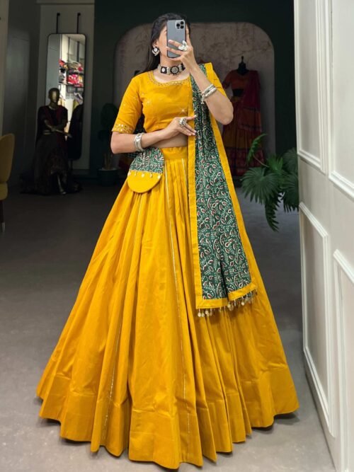 Mustard Color Plain With Gota Patti Cotton Lehenga Choli by Suratikart
