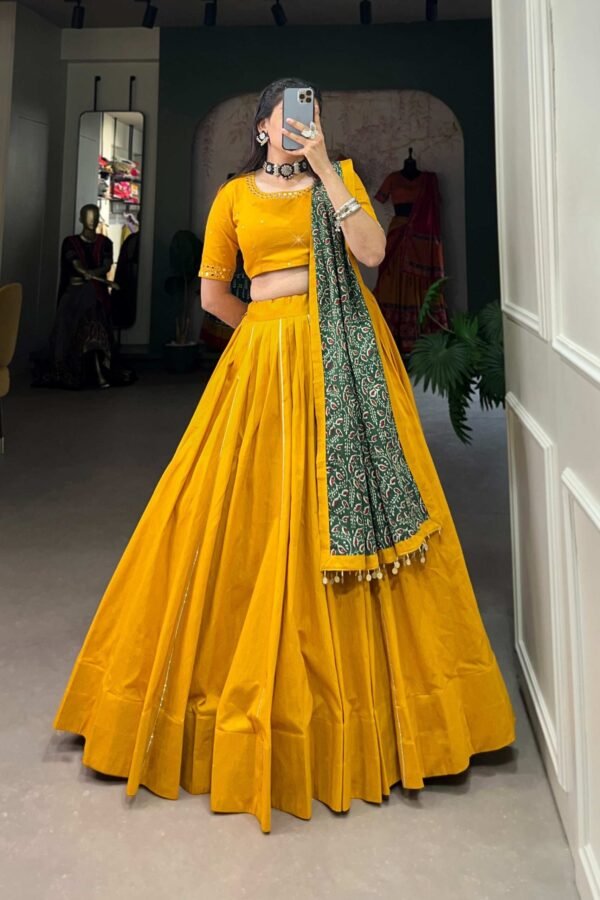 Mustard Color Plain With Gota Patti Cotton Lehenga Choli by Suratikart