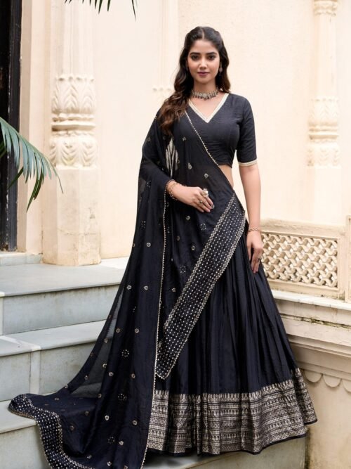 Black Chanderi Silk Lehenga Choli Set