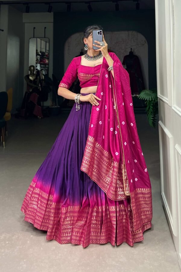 Purple Color Pure Chanderi Lehenga Set with Zari Weaving and Bandhej Print Dupatta