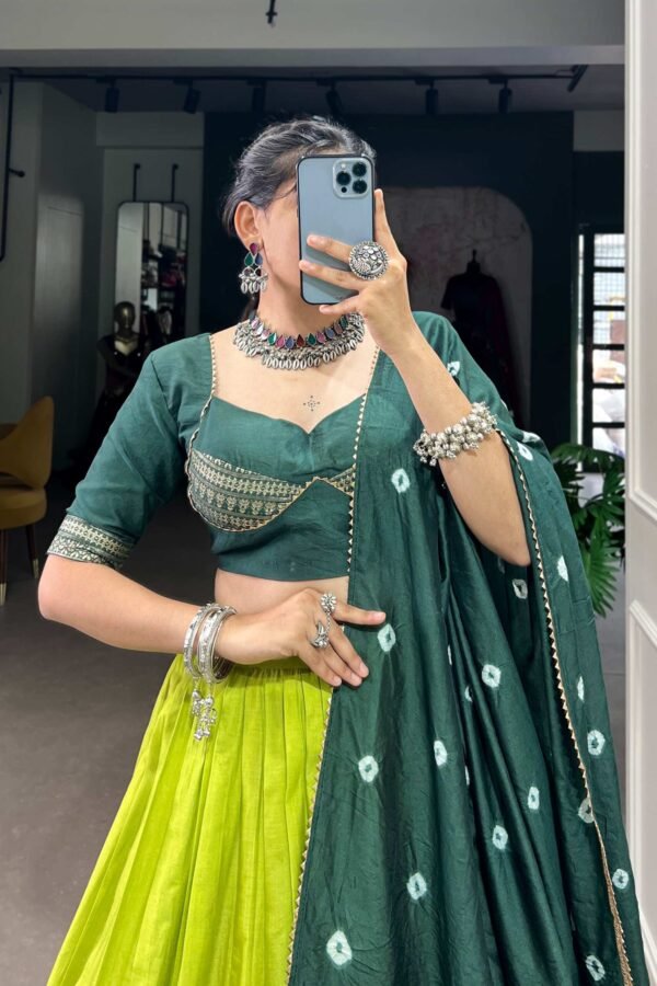 Parrot Green Pure Chanderi Lehenga Set - Exquisite Zari Weaving Work with Bandhej Print Dupatta