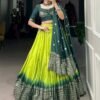 Parrot Green Pure Chanderi Lehenga Set - Exquisite Zari Weaving Work with Bandhej Print Dupatta