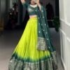 Parrot Green Pure Chanderi Lehenga Set - Exquisite Zari Weaving Work with Bandhej Print Dupatta