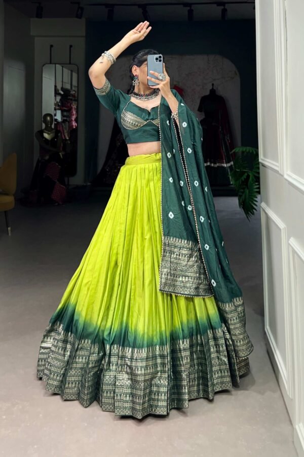 Parrot Green Pure Chanderi Lehenga Set - Exquisite Zari Weaving Work with Bandhej Print Dupatta