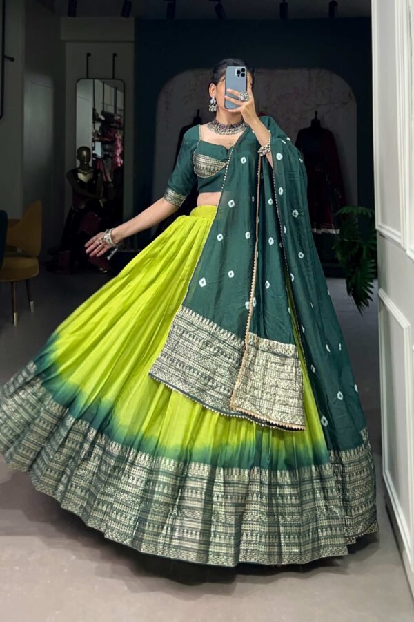 Parrot Green Pure Chanderi Lehenga Set - Exquisite Zari Weaving Work with Bandhej Print Dupatta