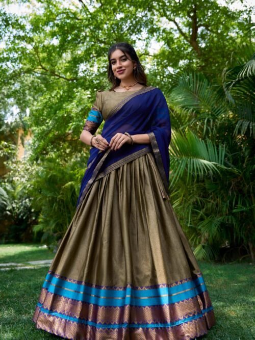 South Style Poly Cotton Half Chikoo Color Saree Set with Elegant Georgette Dupatta