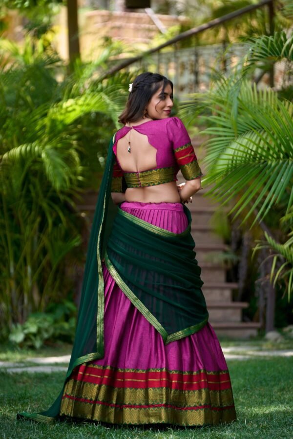Pink Color South Style Poly Cotton Half Saree with Zari Weaving Lehenga and Elegant Dupatta