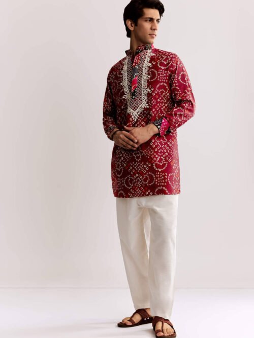 Red Silk Kurta Set With Bandhani Print