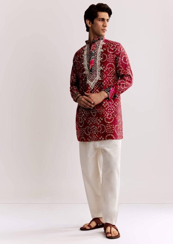Red Silk Kurta Set With Bandhani Print
