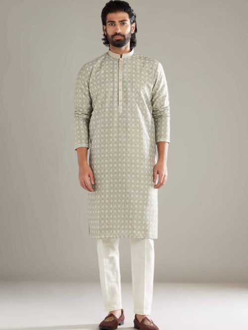 Green Silk Kurta Set For Men With Printed Motifs