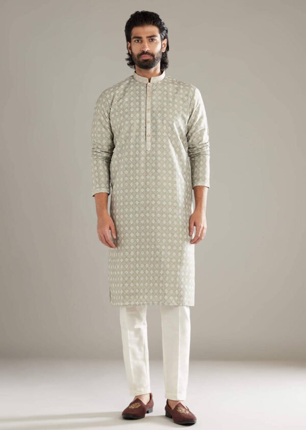 Green Silk Kurta Set For Men With Printed Motifs