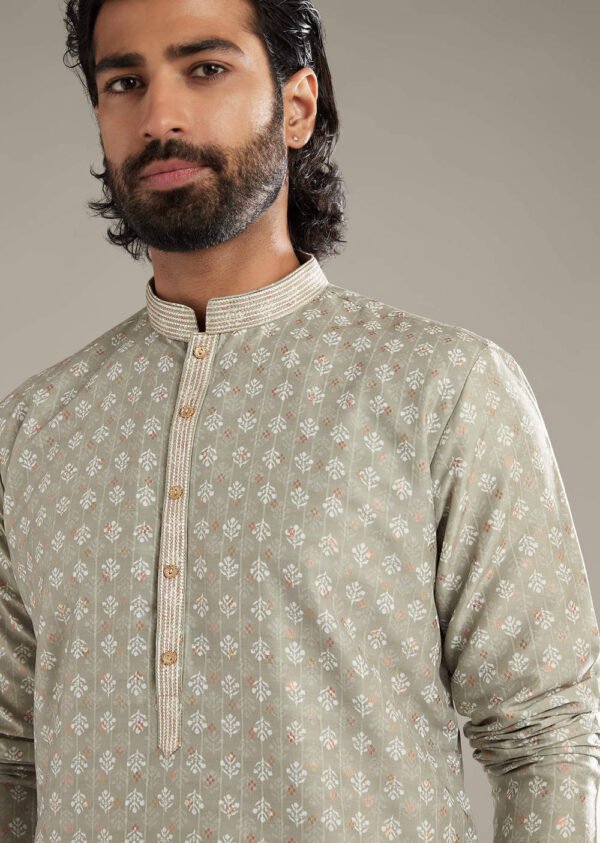 Green Silk Kurta Set For Men With Printed Motifs