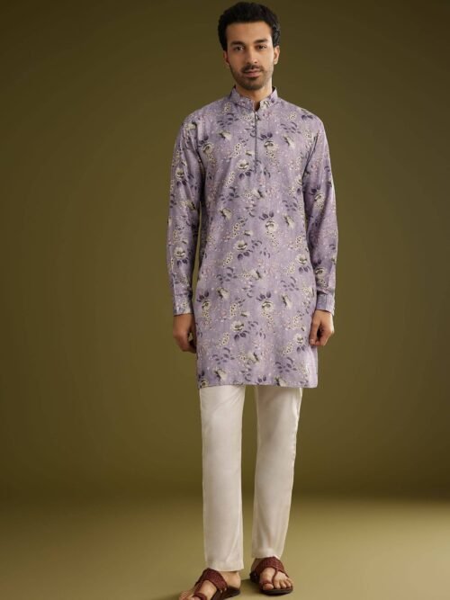 Purple Zipper Kurta Set in Russian Silk with Floral Print