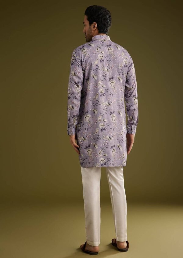 Purple Zipper Kurta Set in Russian Silk with Floral Print