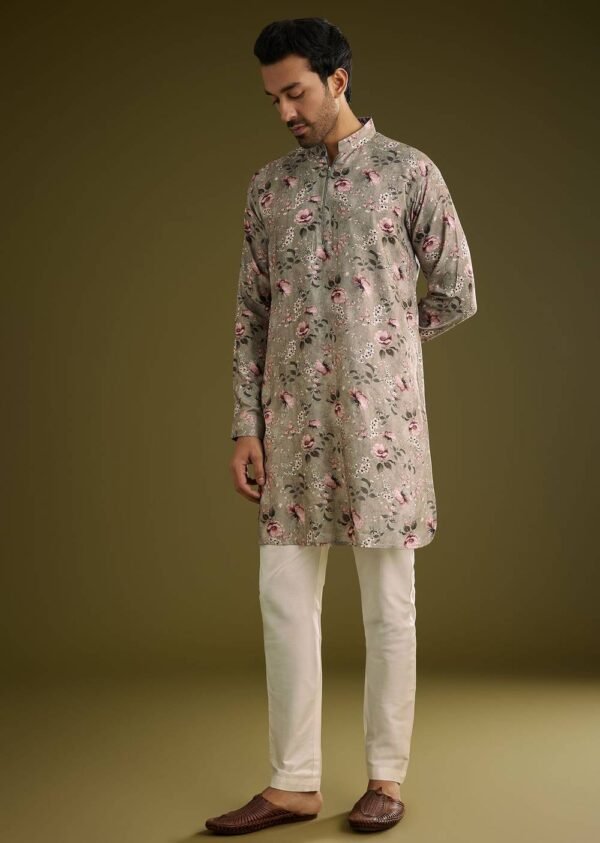 Grey Printed Kurta Set In Russian Silk With Zipper