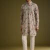 Grey Printed Kurta Set In Russian Silk With Zipper