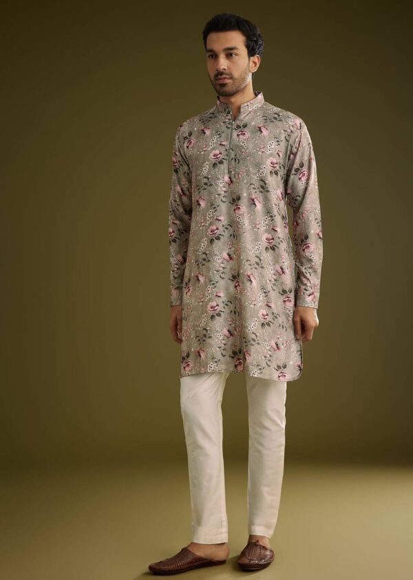 Grey Printed Kurta Set In Russian Silk With Zipper