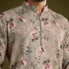 Grey Printed Kurta Set In Russian Silk With Zipper