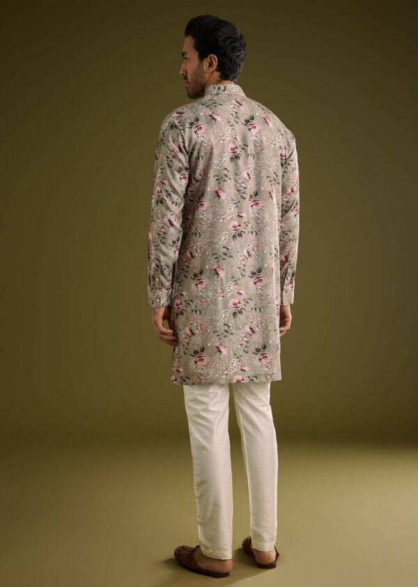 Grey Printed Kurta Set In Russian Silk With Zipper