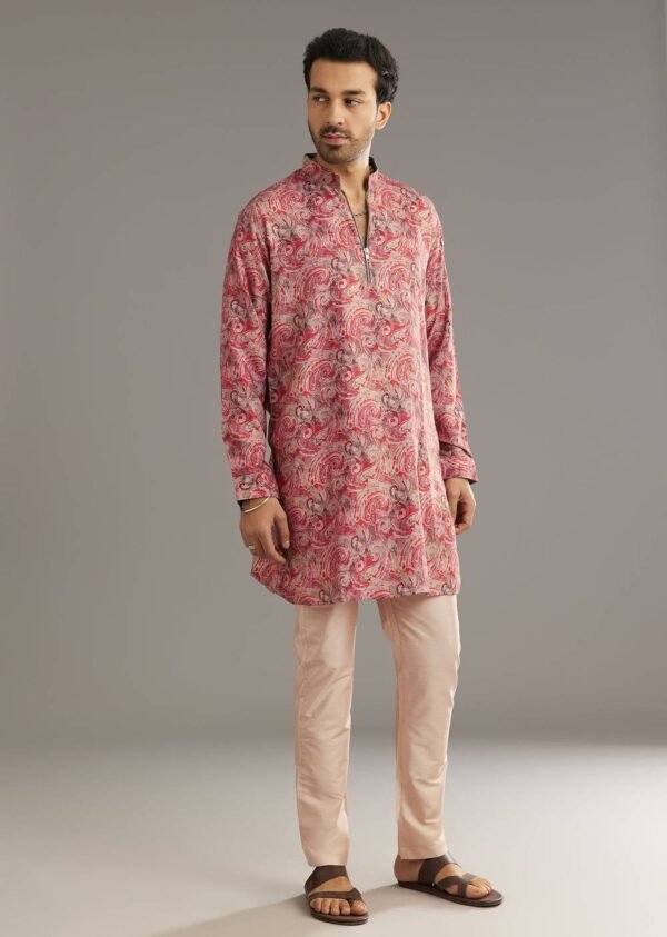 Red Pashmina Silk Zipper Kurta Set with Paisley Swirl Print
