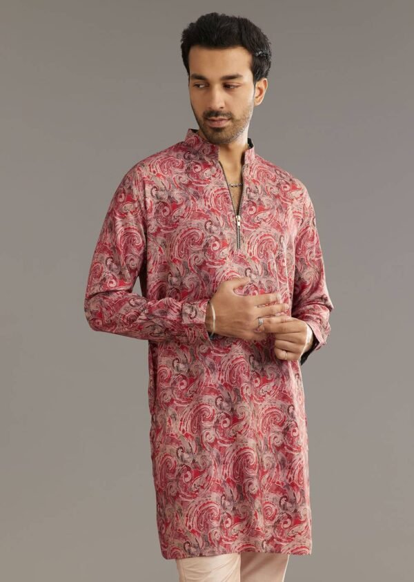Red Pashmina Silk Zipper Kurta Set with Paisley Swirl Print