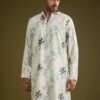 White Linen Zipper Kurta Set With Abstract Leaf Motifs