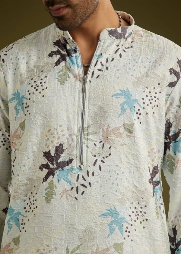 White Linen Zipper Kurta Set With Abstract Leaf Motifs