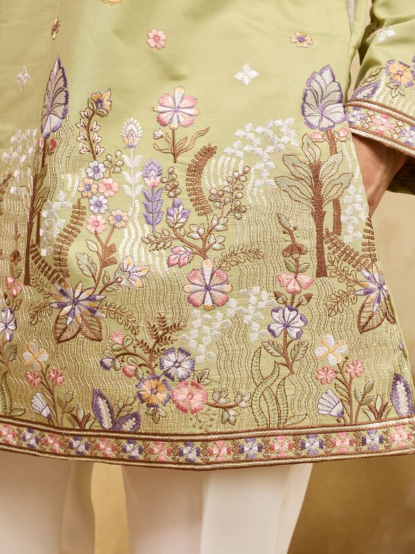 Light Green Festive Wear Embroidered Kurta Set For Mens