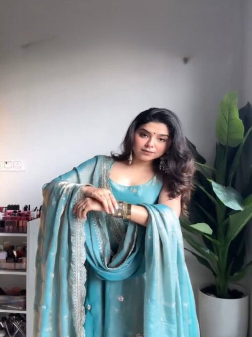 Premium Steel Blue Fandy Silk Anarkali Suit