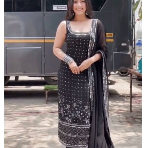 Black Faux Georgette Suit with Real Mirror Work