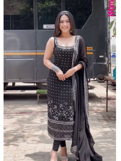 Black Faux Georgette Suit with Real Mirror Work