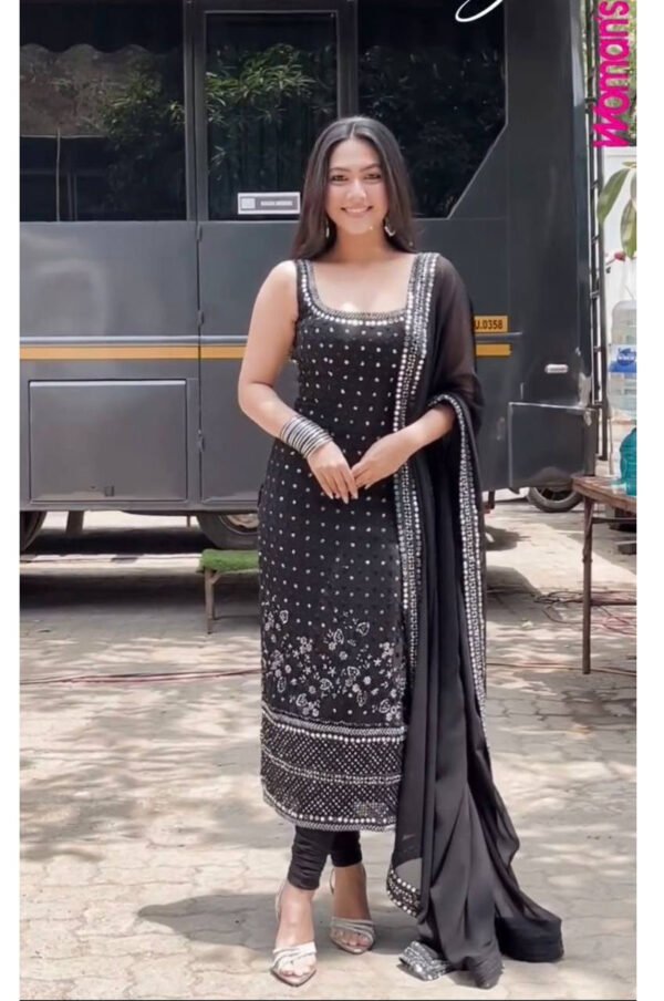 Black Faux Georgette Suit with Real Mirror Work