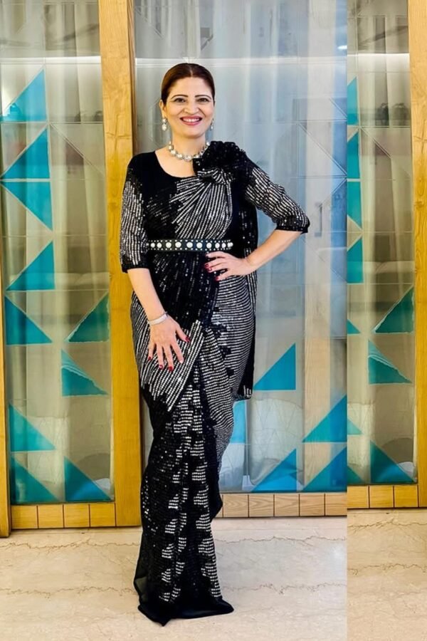 Black Zip Gown Saree with Attached Dupatta