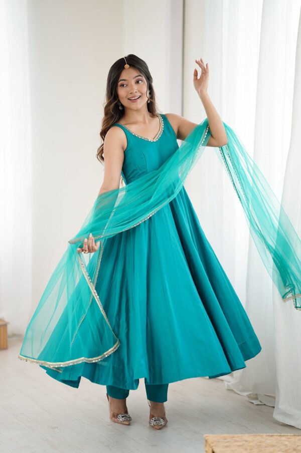 Turquoise Roman Silk Anarkali Suit Set