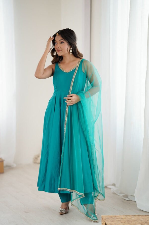 Turquoise Roman Silk Anarkali Suit Set