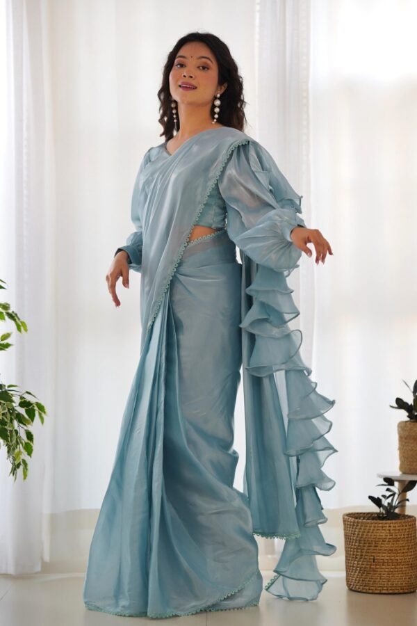 Sky Blue Ready-to-Wear Saree with Stitched Blouse in Luxurious Jimmy Choo Fabric