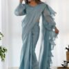 Sky Blue Ready-to-Wear Saree with Stitched Blouse in Luxurious Jimmy Choo Fabric