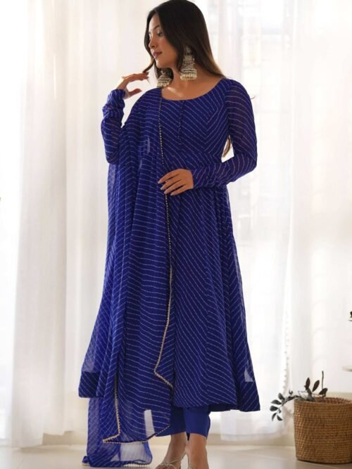 Rich Royal Blue Laheriya Print Georgette Anarkali Suit with Dupatta