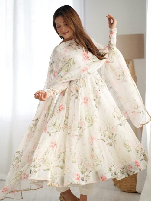 White Flower Print Organza Silk Anarkali Suit Set