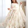 White Flower Print Organza Silk Anarkali Suit Set