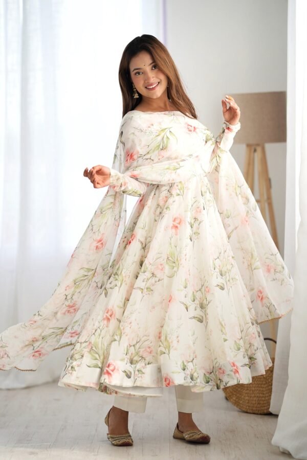 White Flower Print Organza Silk Anarkali Suit Set