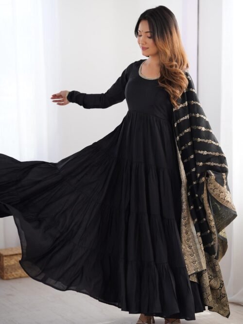Black Roman Silk Four-Layer Anarkali Gown Set