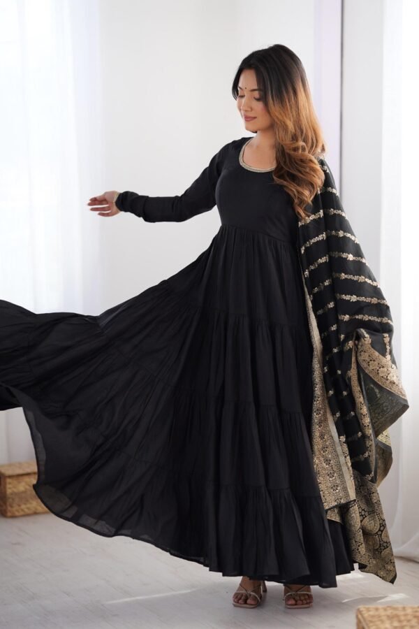 Black Roman Silk Four-Layer Anarkali Gown Set